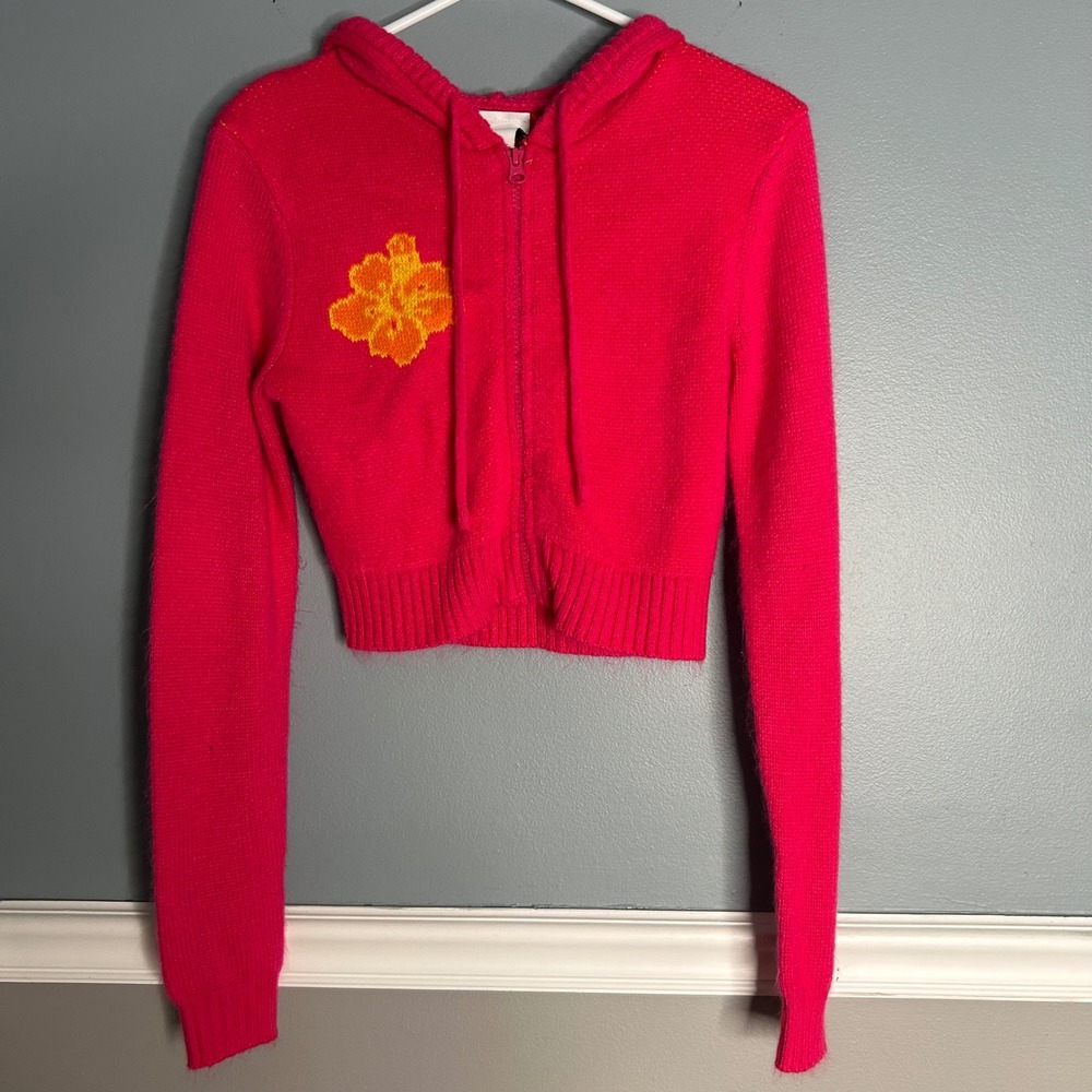 Collusion Pink‎ Cropped Zip Up Hoodie Flower Graphic